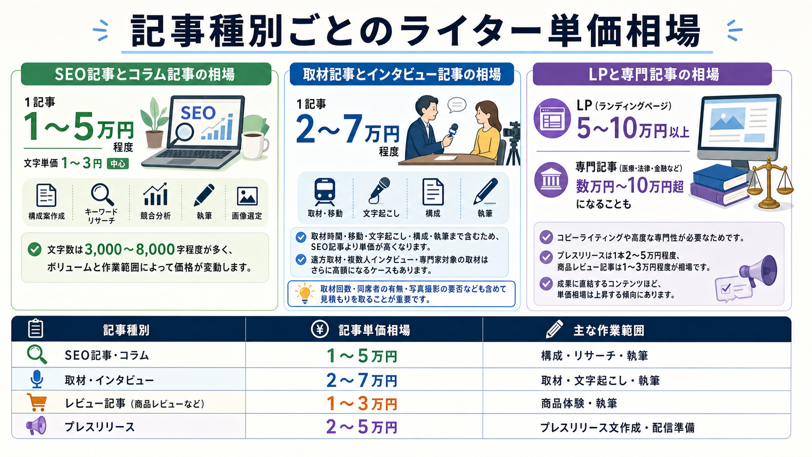 記事種別ごとのライター単価相場